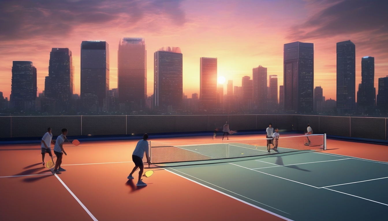 夕暮れの都市の屋上に照明のついたピックルボールコートが輝く未来的な光景